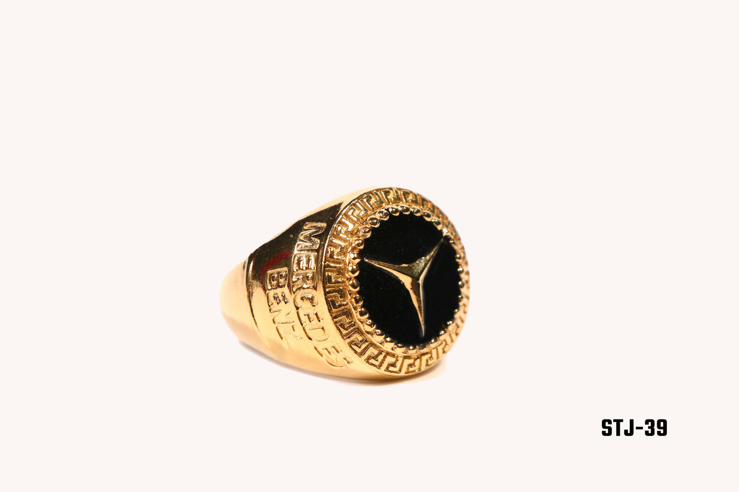Men's Gold Plated Ring with Black Enamel and Star Emblem