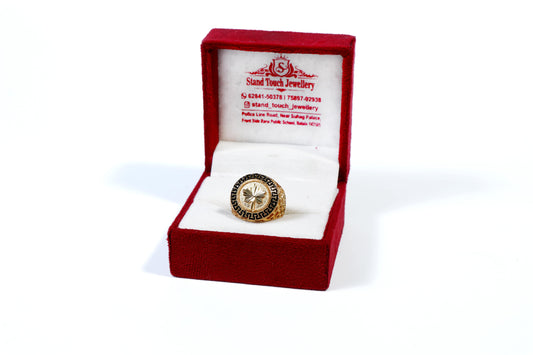 Men's Jewellery - Gold-Plated Ring with Black Greek Key Design and Leaf Motif