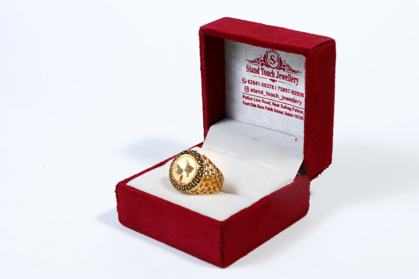 Men's Jewellery - Gold-Plated Ring with Black Greek Key Design and Leaf Motif