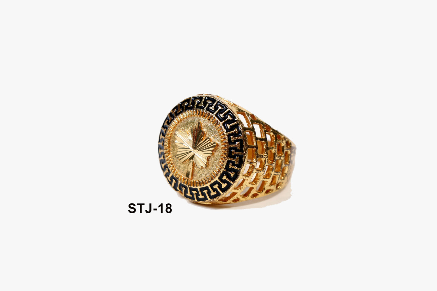 Men's Jewellery - Gold-Plated Ring with Black Greek Key Design and Leaf Motif