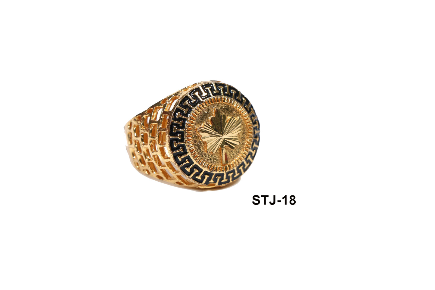 Men's Jewellery - Gold-Plated Ring with Black Greek Key Design and Leaf Motif