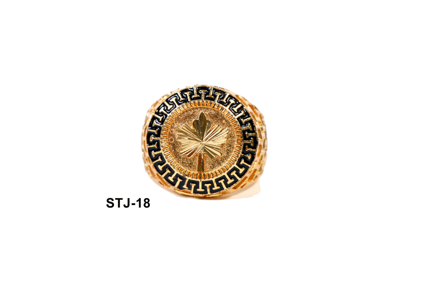 Men's Jewellery - Gold-Plated Ring with Black Greek Key Design and Leaf Motif