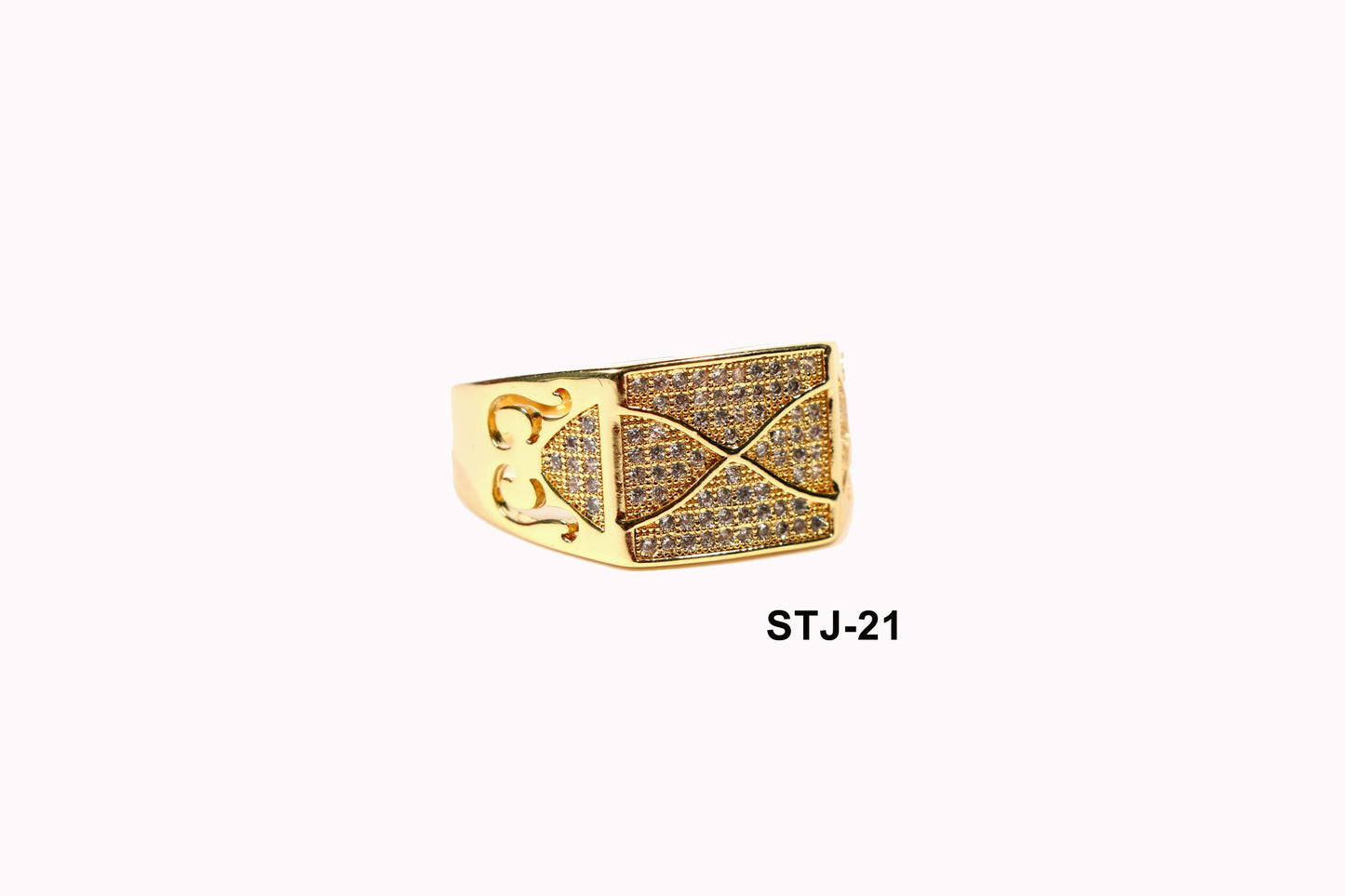 Men's Jewellery - Gold-Plated Rectangular Ring with Micro-Stone Detailing and Filigree Side Design