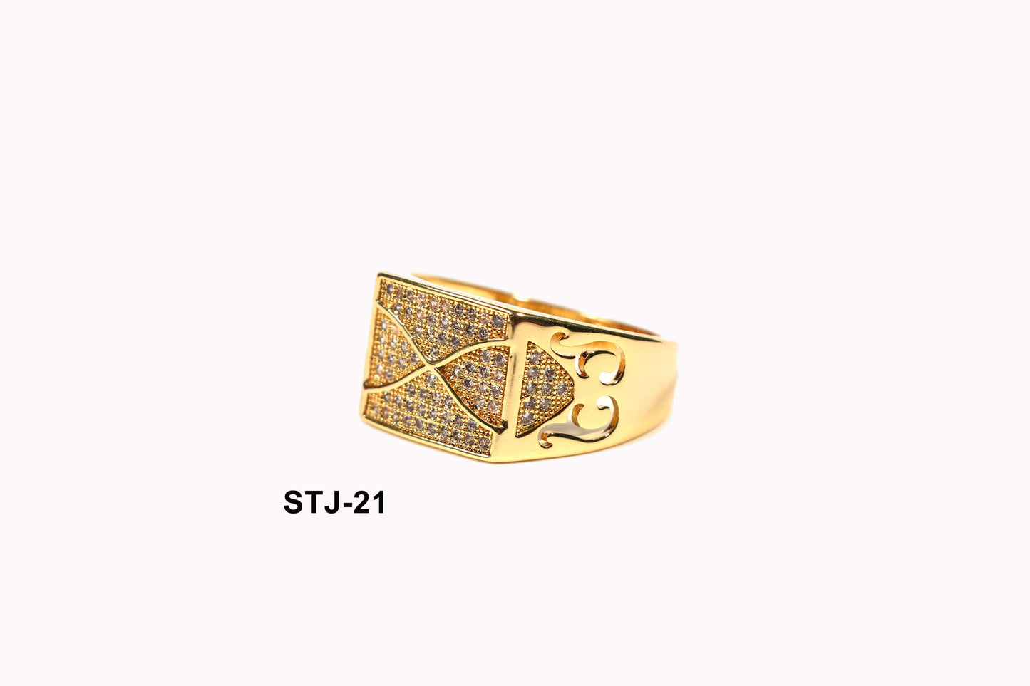 Men's Jewellery - Gold-Plated Rectangular Ring with Micro-Stone Detailing and Filigree Side Design