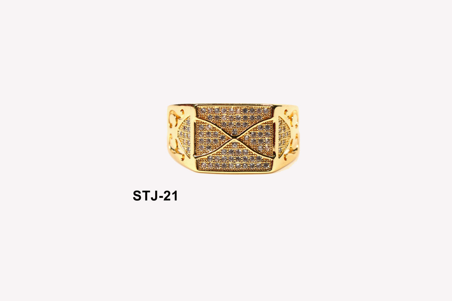 Men's Jewellery - Gold-Plated Rectangular Ring with Micro-Stone Detailing and Filigree Side Design