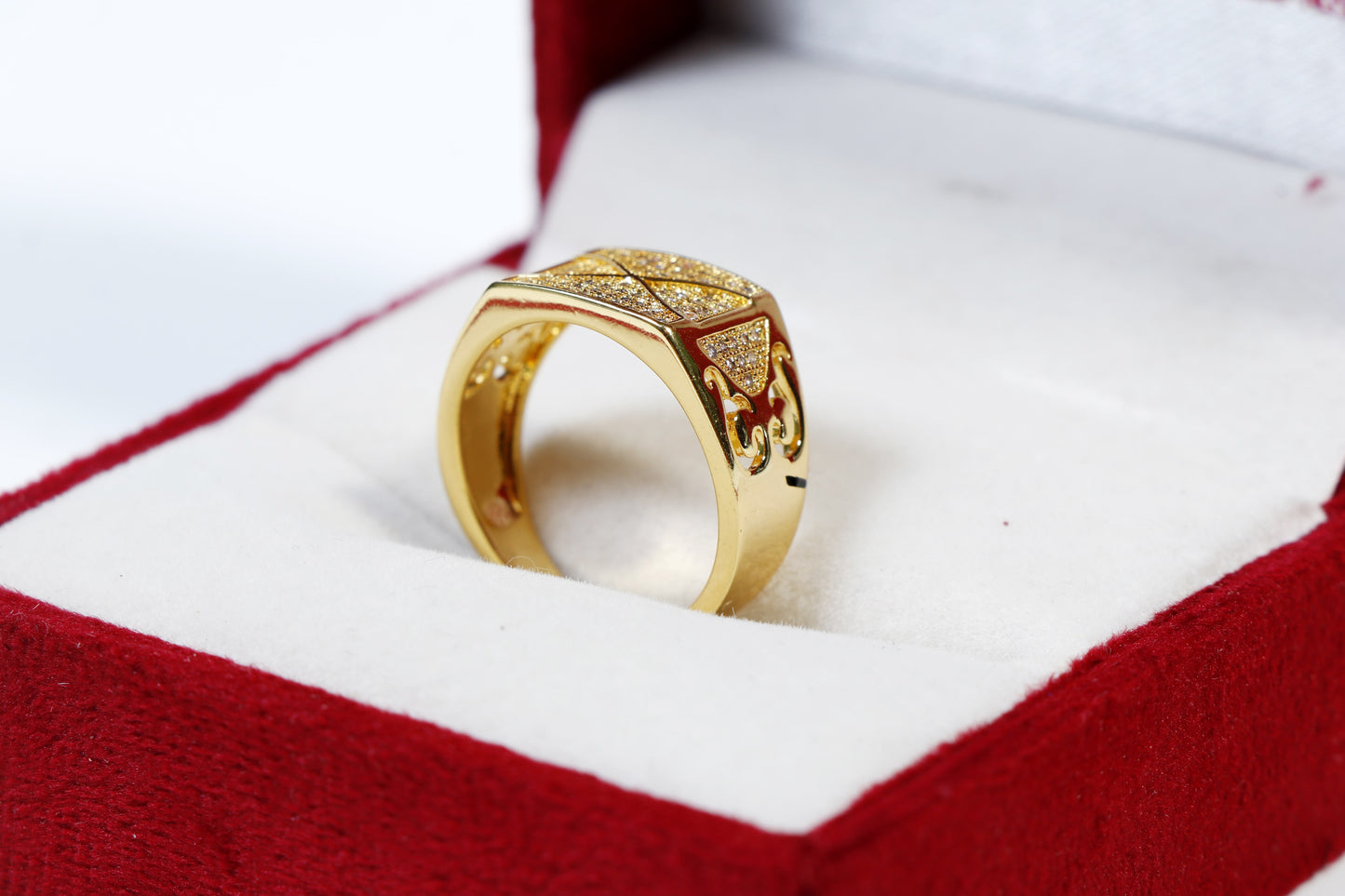 Men's Jewellery - Gold-Plated Rectangular Ring with Micro-Stone Detailing and Filigree Side Design