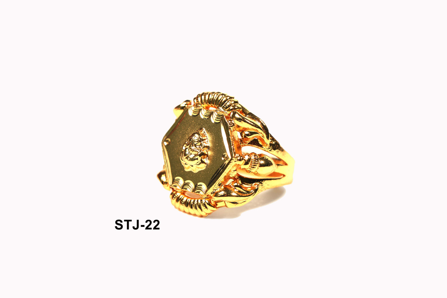 Hexagonal Gold-Toned Ring for Men with Detailed Engraving