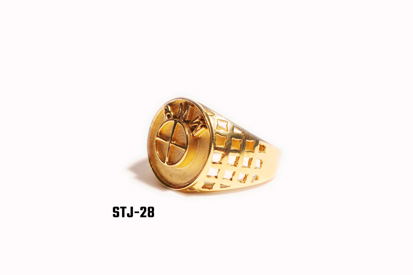 Men's Jewellery - Gold-Plated Round Emblem Ring with Lattice Side Design