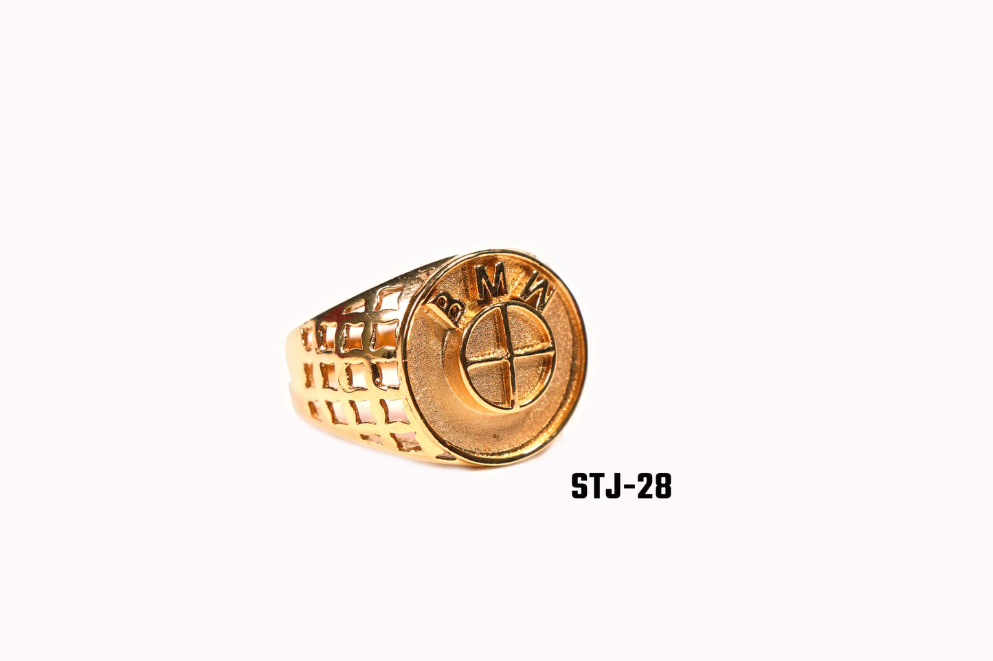 Men's Jewellery - Gold-Plated Round Emblem Ring with Lattice Side Design