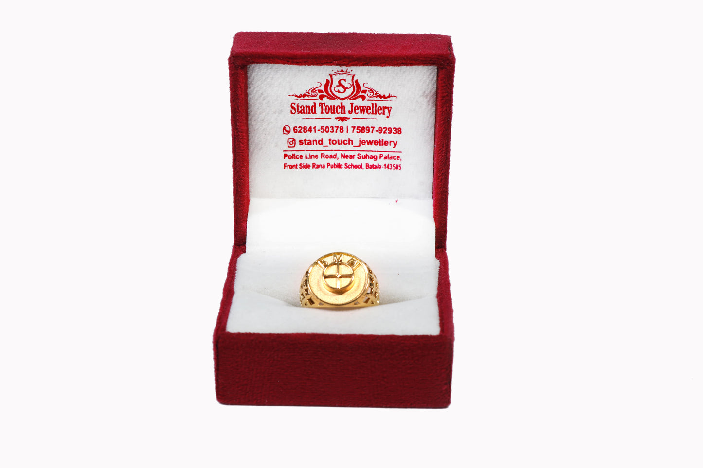 Men's Jewellery - Gold-Plated Round Emblem Ring with Lattice Side Design