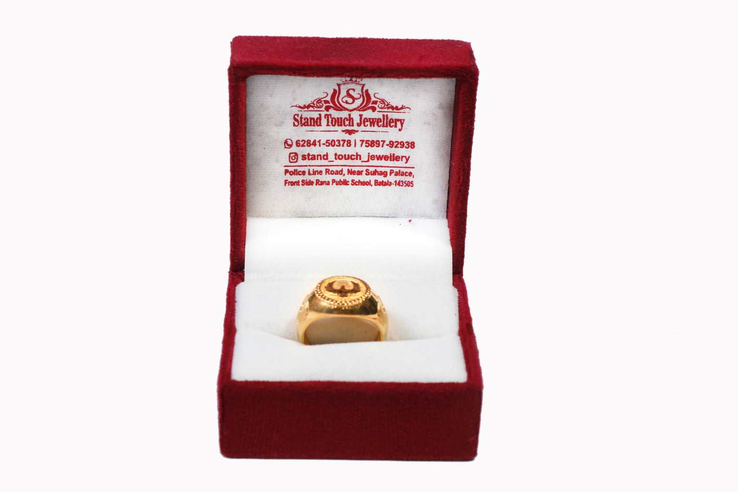 Men's Jewellery - Gold-Plated Round Emblem Ring with Ornamental Side Design