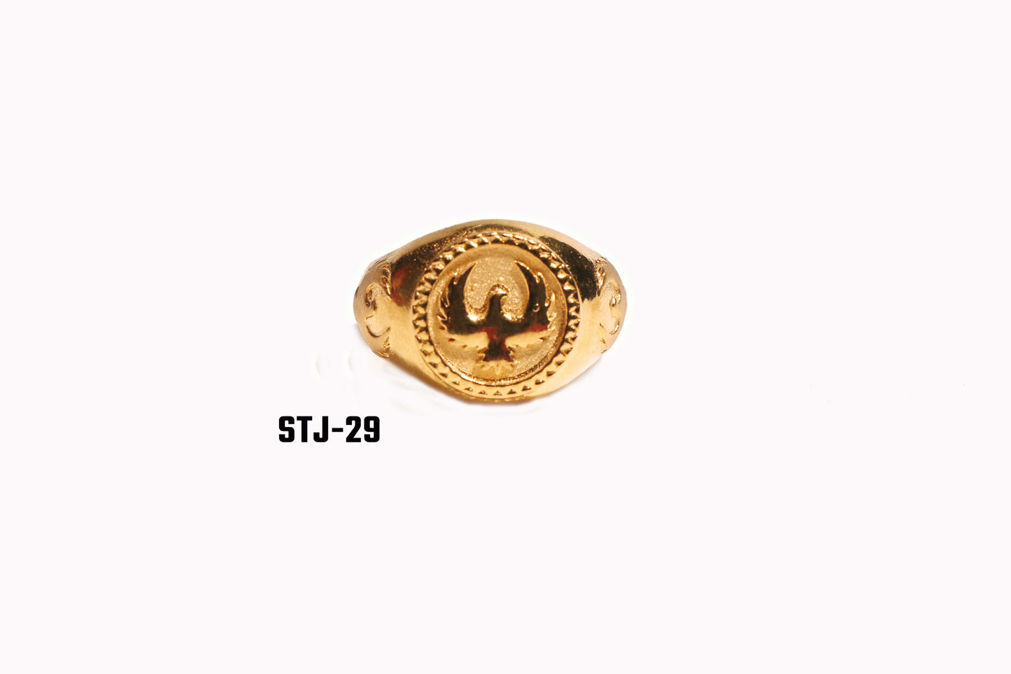 Men's Jewellery - Gold-Plated Round Emblem Ring with Ornamental Side Design