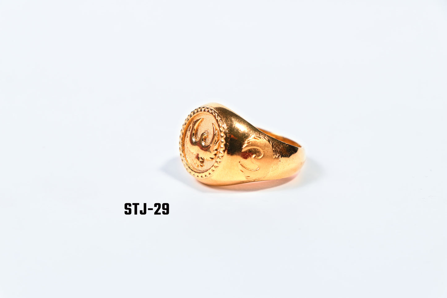 Men's Jewellery - Gold-Plated Round Emblem Ring with Ornamental Side Design