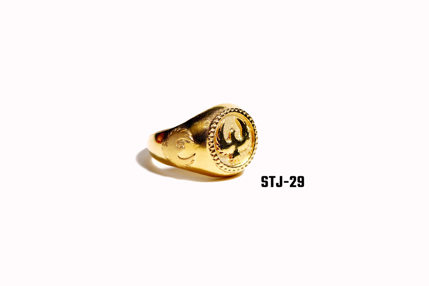 Men's Jewellery - Gold-Plated Round Emblem Ring with Ornamental Side Design