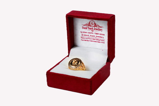 Gold Plated Men's Ring with Lion Head Design and Greek Key Border