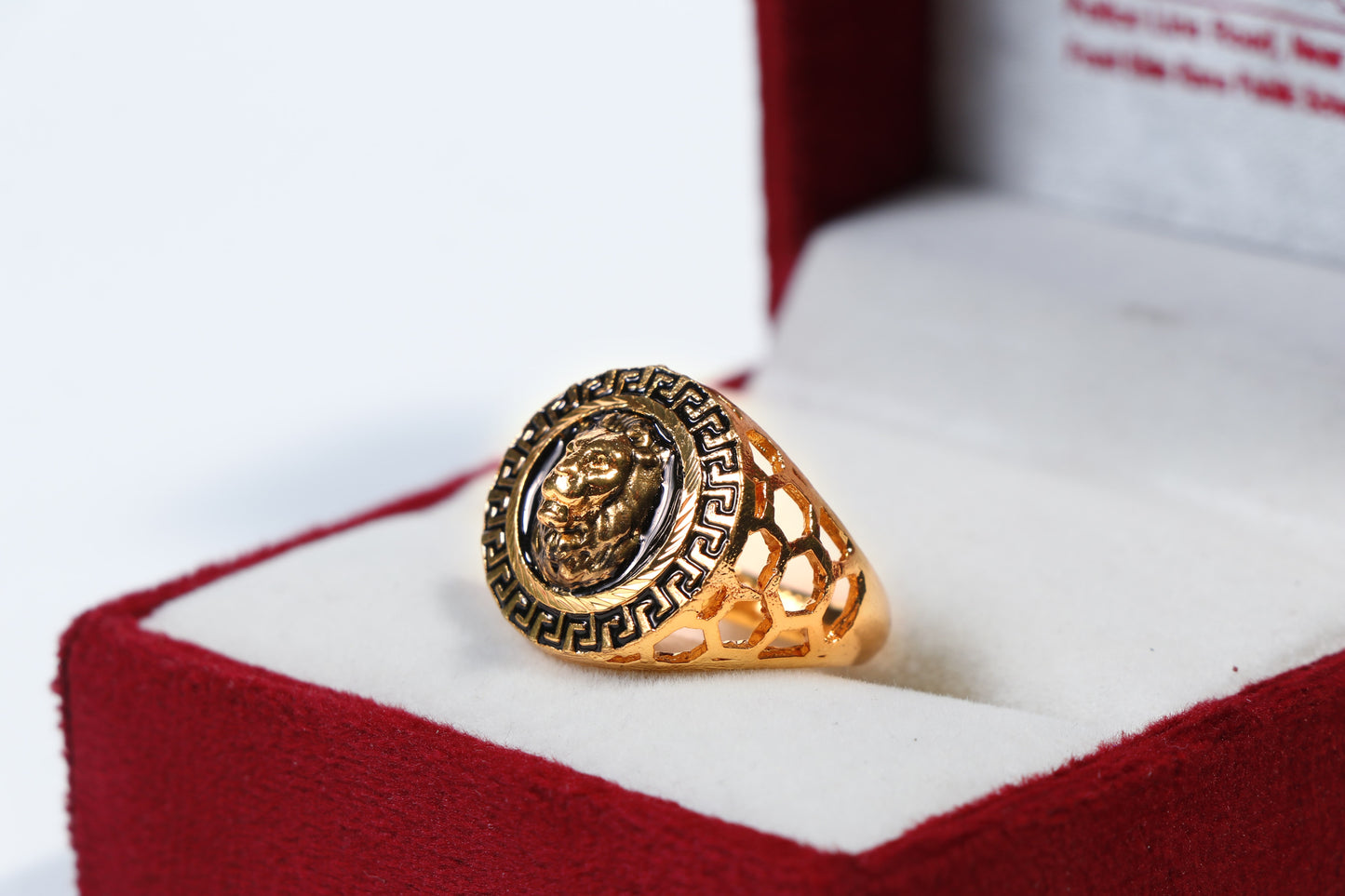 Gold Plated Men's Ring with Lion Head Design and Greek Key Border