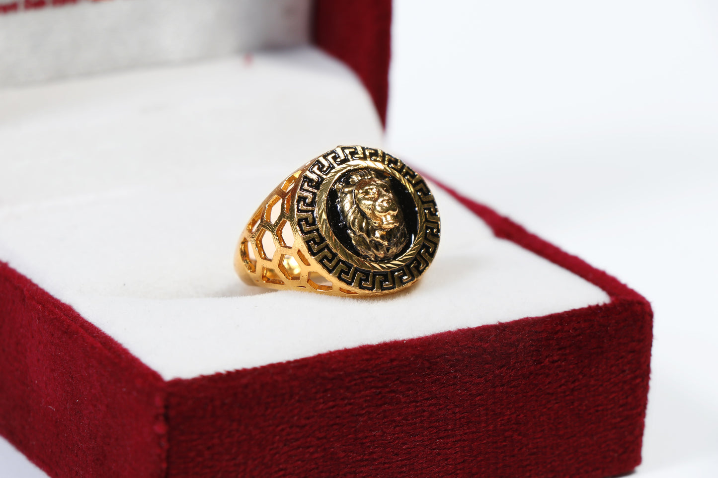 Gold Plated Men's Ring with Lion Head Design and Greek Key Border