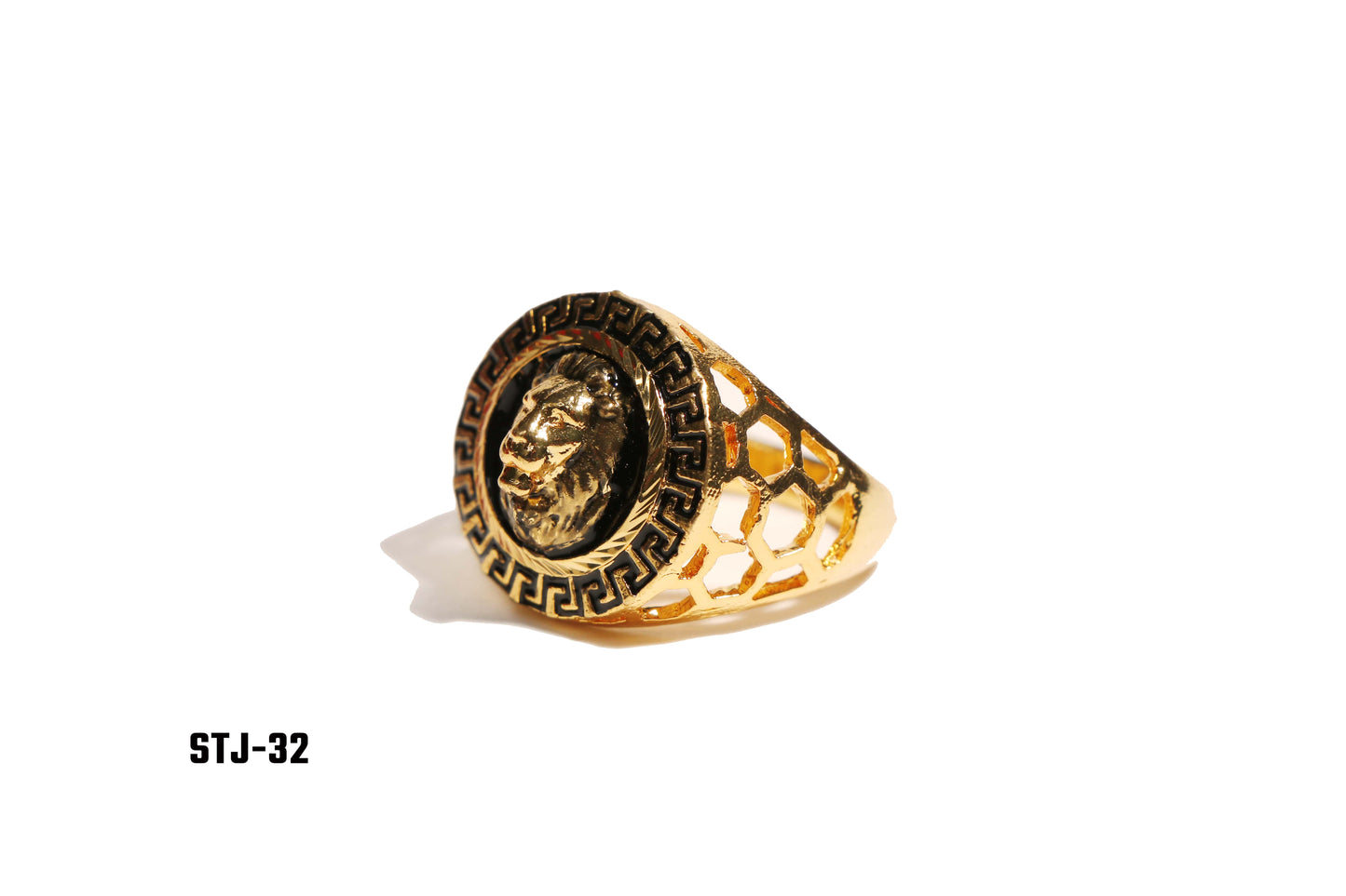 Gold Plated Men's Ring with Lion Head Design and Greek Key Border