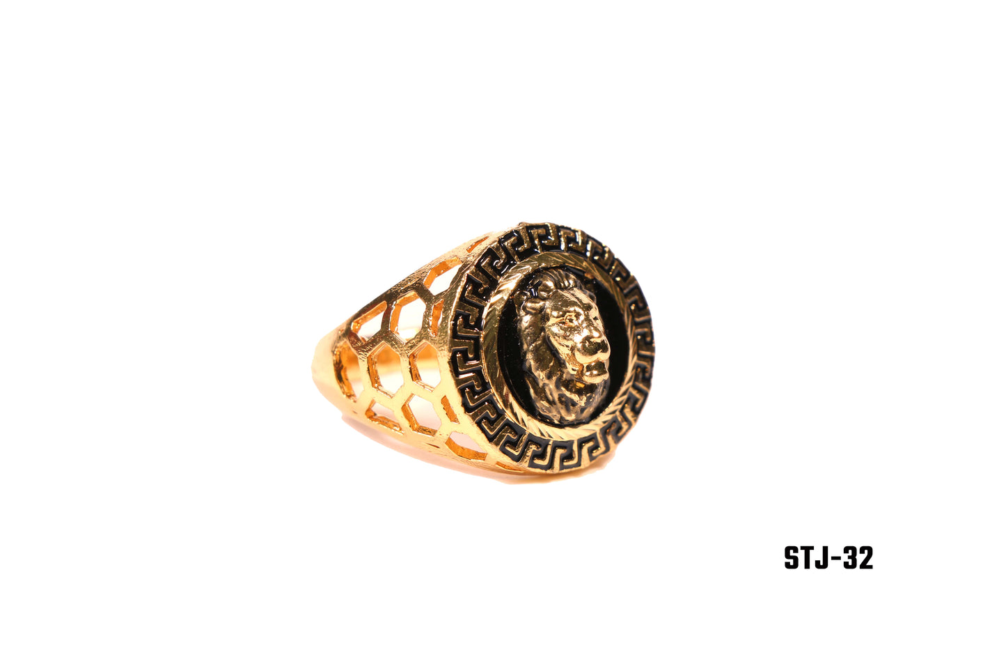 Gold Plated Men's Ring with Lion Head Design and Greek Key Border