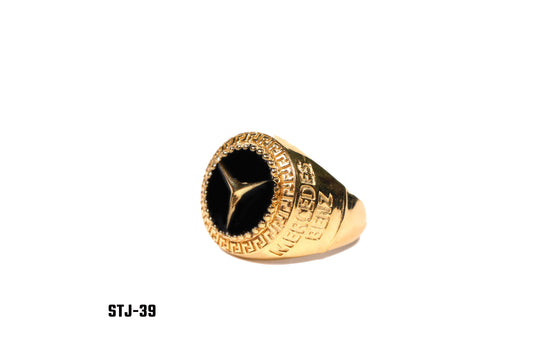 Men's Gold Plated Ring with Black Enamel and Star Emblem