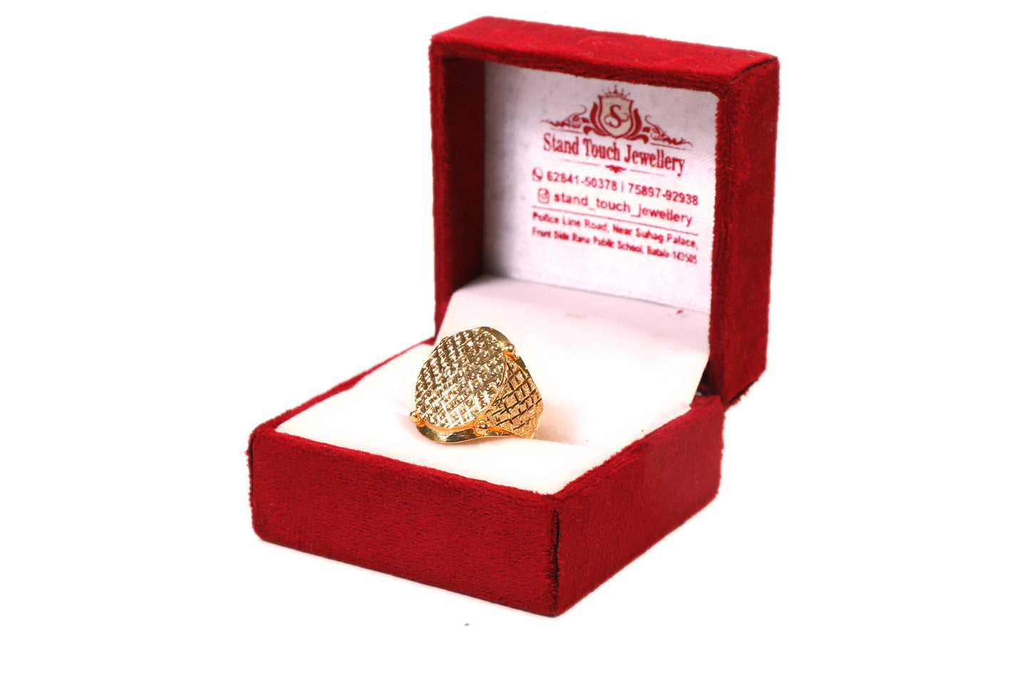 Men's Gold Plated Ring with Intricate Grid Pattern and Textured Details