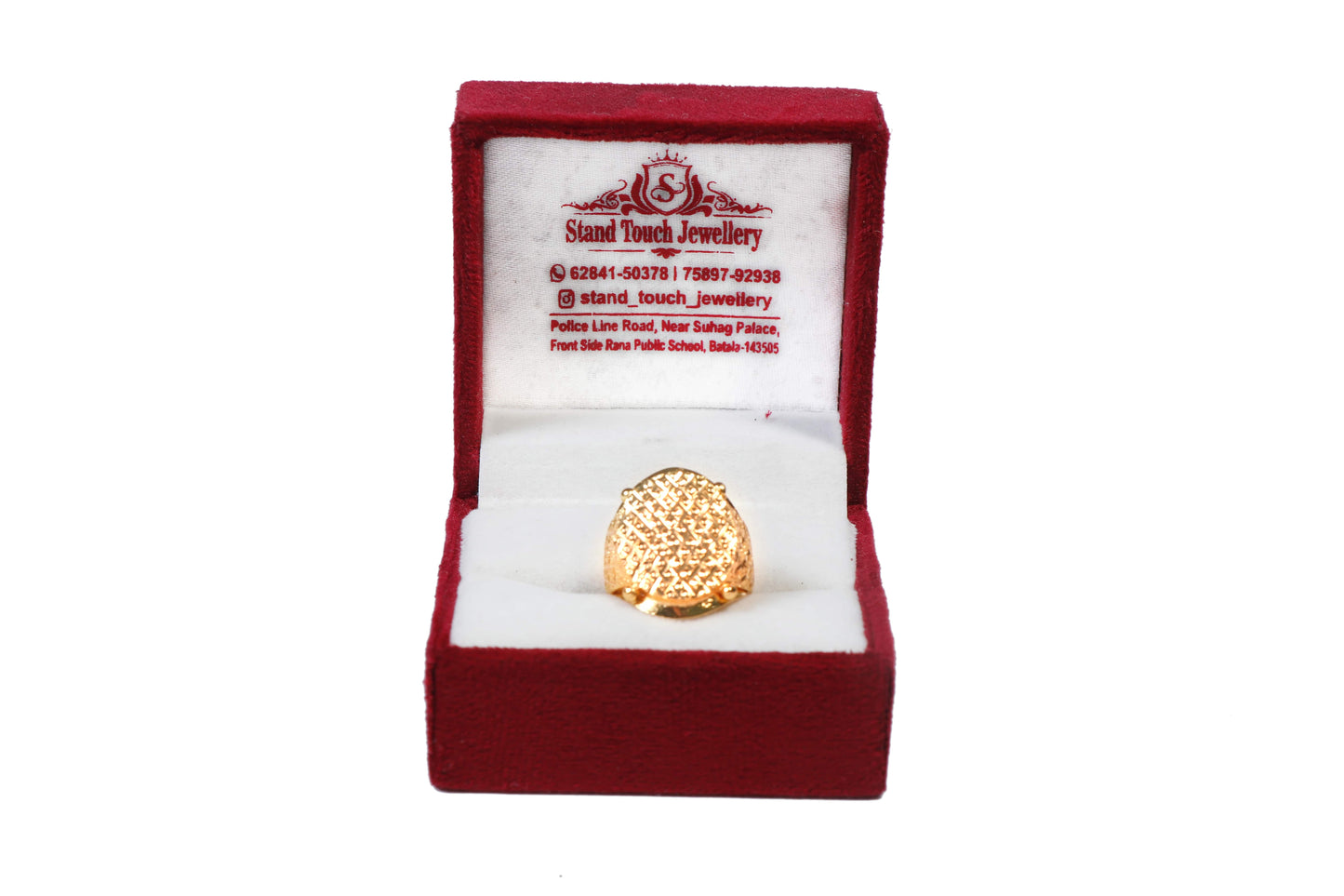 Men's Gold Plated Ring with Intricate Grid Pattern and Textured Details