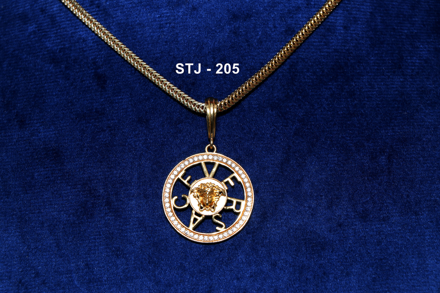 Gold Plated circular men's locket with motif and studded detailing.