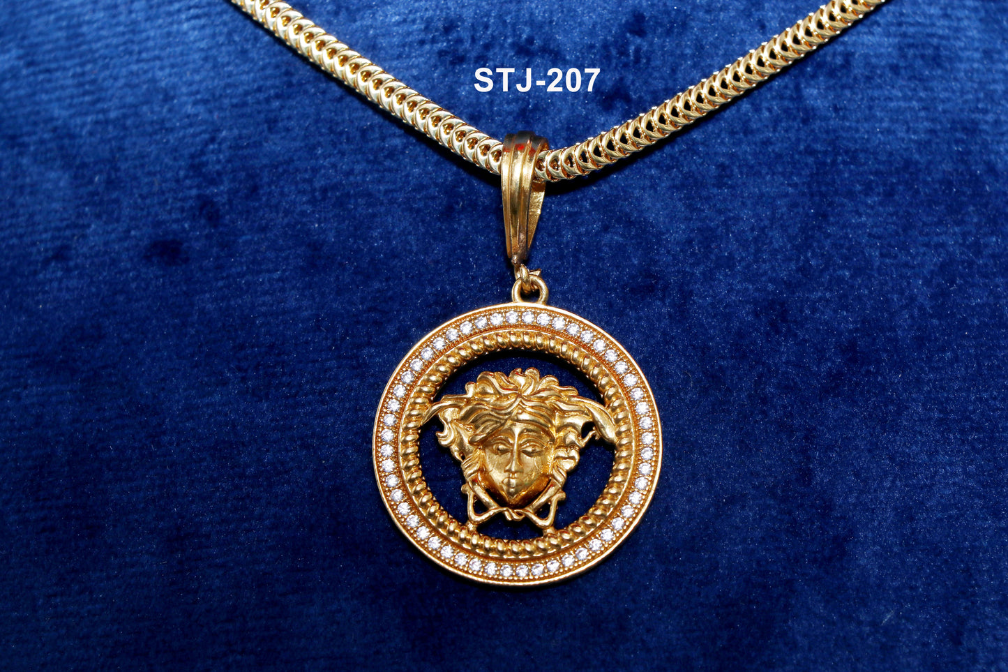 Men's Gold-Plated Pendant with Diamond-Studded Circular Border and Medusa Head Design, Jewellery for Men