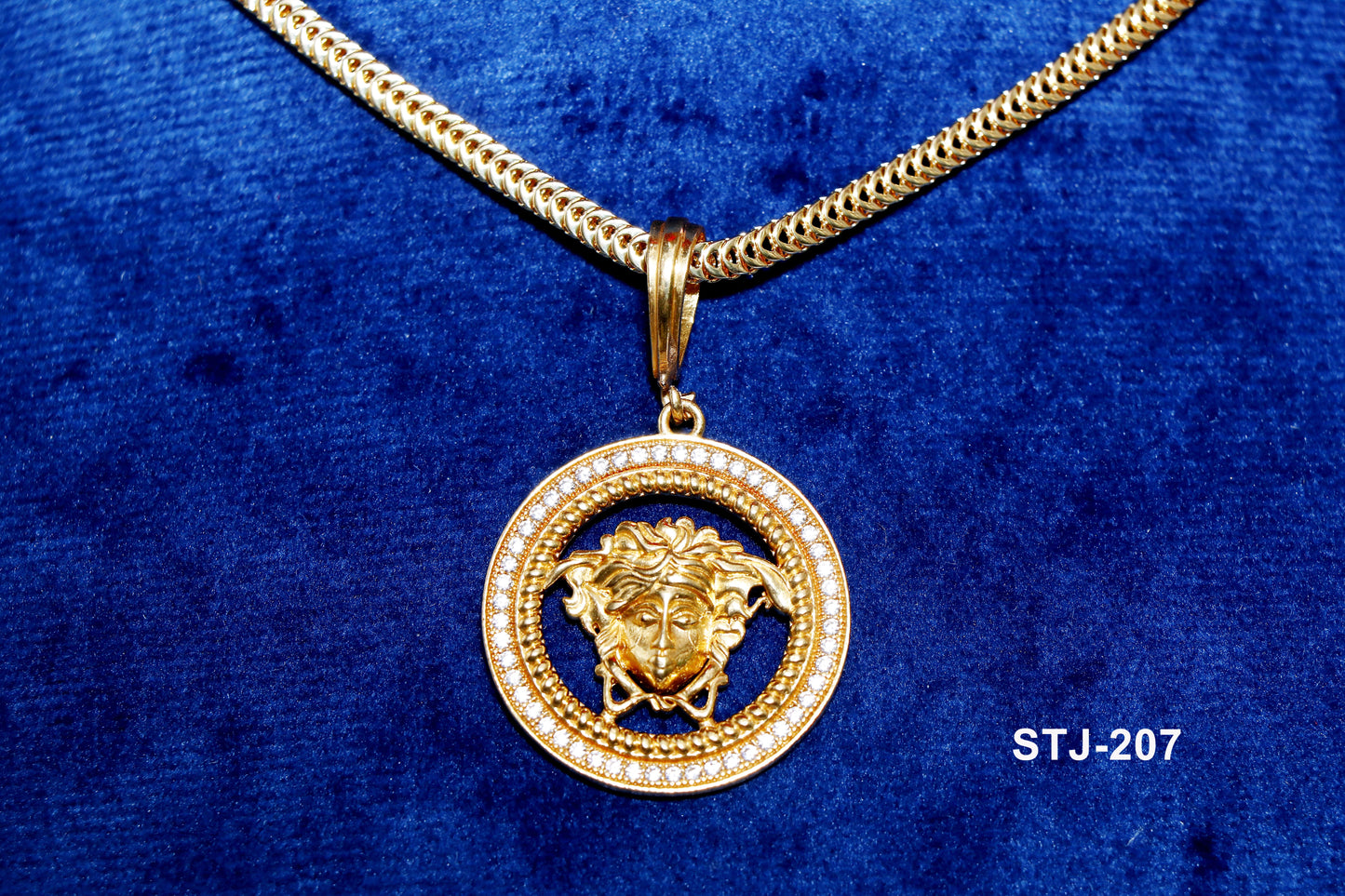 Men's Gold-Plated Pendant with Diamond-Studded Circular Border and Medusa Head Design, Jewellery for Men