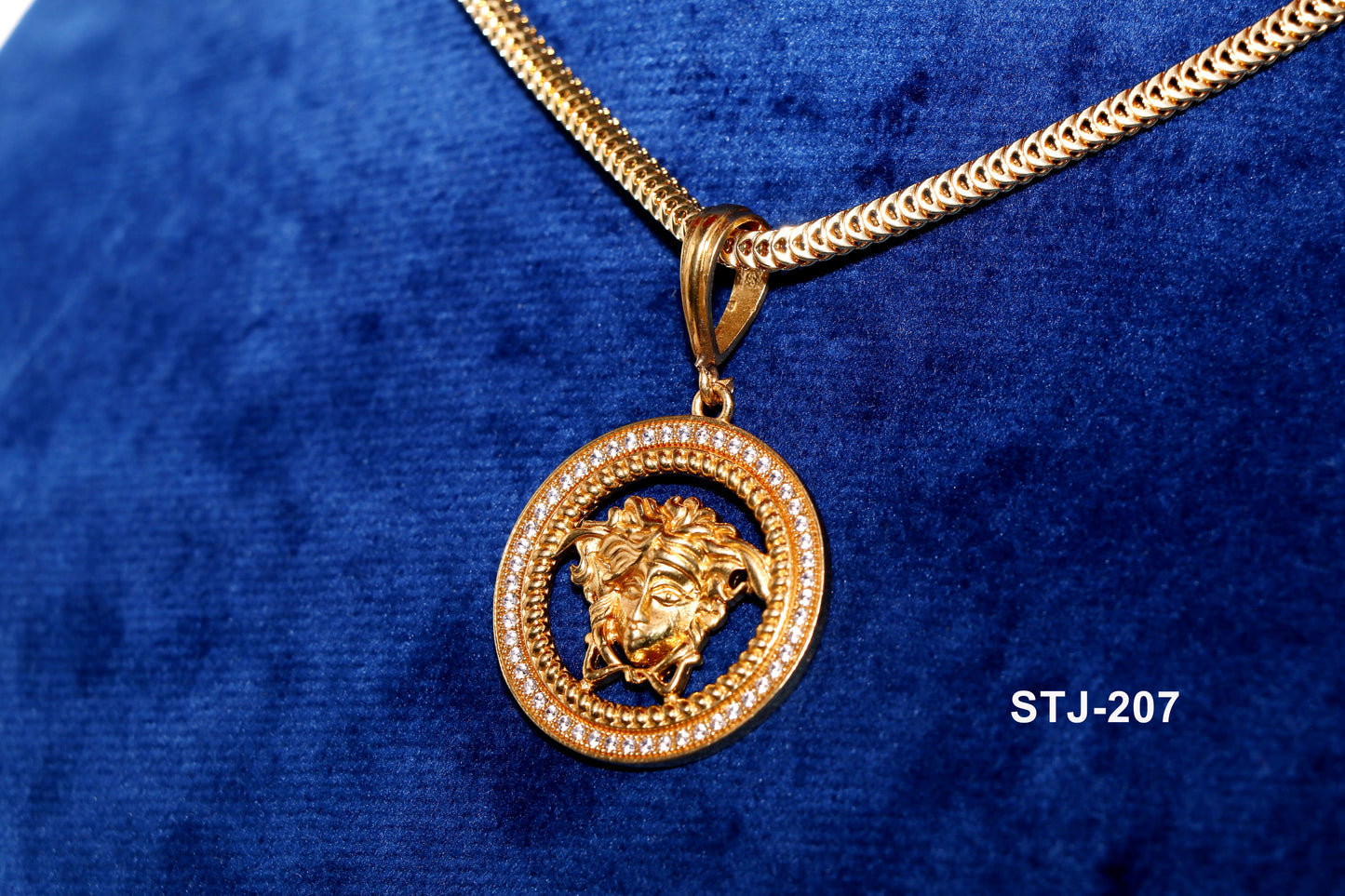 Men's Gold-Plated Pendant with Diamond-Studded Circular Border and Medusa Head Design, Jewellery for Men