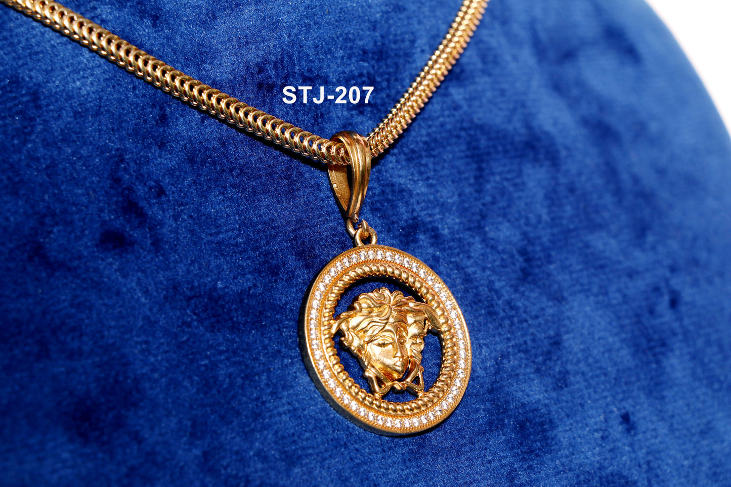 Men's Gold-Plated Pendant with Diamond-Studded Circular Border and Medusa Head Design, Jewellery for Men